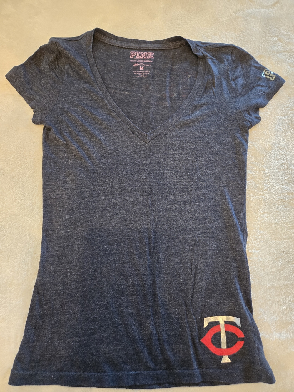 PINK Victoria's Secret Heather Navy V-Neck Tee with Twins Emblem
